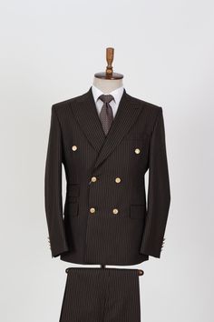 "*Brown,White Striped Men's Double Breasted Suit *Fabric: 100%Wool Thick, Warm, Comfortable, Breathable, Softer, Wool Feeling *Center Six Button Blazer and Zipper Fly Pants *Slim Fit, 9 Cm Peak Lapel, 5 Cm Flap Pocket And Ticket Pocket  *Double Vent On The Behind Of The Jacket *This Suit Has A 6\" Drop Which Is The Difference Between The Size Of The Jacket & Pants. For Example, A 40r Jacket Includes A 34W Pant *Dry Clean Only *Available Eu Sizes: 48-50-52-54-56-58 *Available Us Sizes: 38-40-42-4 Cream Suits For Men, Cream Suit, White Pants Outfit, Pants Outfit Men, Corporate Wear, Designer Suits For Men, Peak Lapel, Men's Suit, Suit Fabric