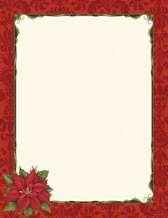 a red and green christmas card with poinsettis on it's border