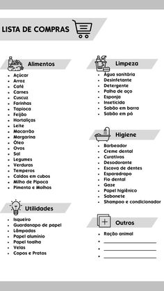 Lista de compras de supermecado em branco, com alimentos, produtos de higiene e limpeza de casa, e outros itens que podem ser adicionados em um carrinho de compra. New Home Checklist, Home Planner, Lettering Tutorial, Home Design Decor, Home List, Home Hacks, First Home, Future House, Clean House