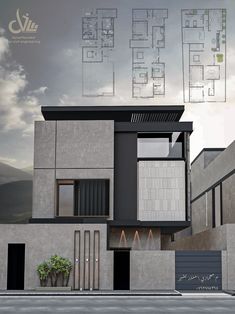 an architectural rendering of a modern house in the middle of a street with multiple floors and garages