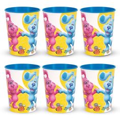 six plastic cups with cartoon characters on them