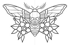 a skull with wings and flowers on it's head, in black and white