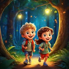 two children are walking through the woods at night with lanterns in the trees behind them