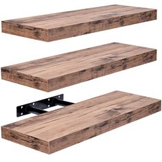 two wooden shelves with metal brackets on them