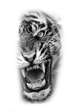 a black and white photo of a tiger's face with it's mouth open