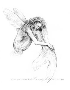 a black and white drawing of a mermaid with her hands on her hips, looking down at the water