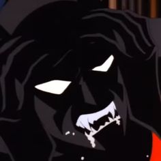 an animated image of a black dog with white teeth and fangs on its face, looking angry