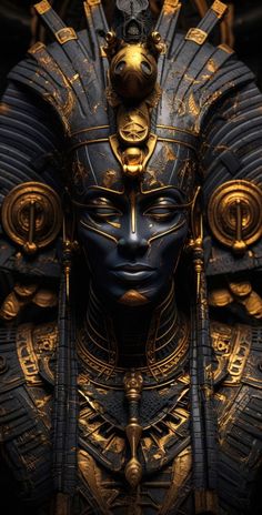 an egyptian statue with gold and blue paint on it's face, in front of a black background