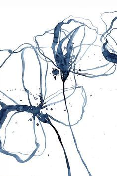 an ink drawing of two flowers on a white background with blue watercolor paint splatters