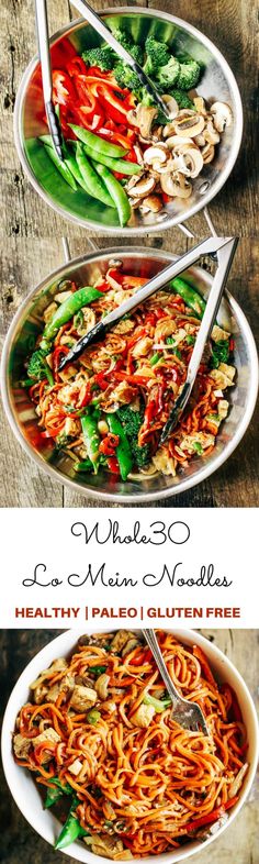 three plates filled with noodles and vegetables on top of a wooden table next to each other