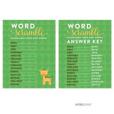 two green and yellow printable word scramble cards with giraffes on them