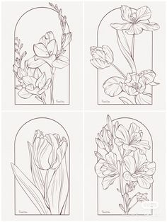 four different types of flowers are shown in this coloring book page for adults and children