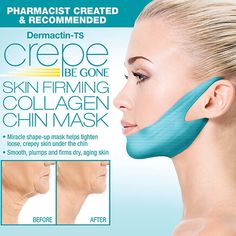 Help your neck shape up and reveal a more youthful appearance. This skin firming Crepe Ce Gone collagen mask set helps tighten age-related loose, crepey skin under the chin. Smooths, plumps and firms dry, aging, sagging neck skin. This easy-to-use mask loops over the ears to stay in place while it tightens neck skin. Pharmacist created and recommended, wear skin tightening treatment for 20-30 minutes to reveal a more youthful looking you. Set of 2 natural skin tightening masks. Sagging Neck Skin, Crepe Skin, Tighten Neck Skin, Natural Skin Tightening, Skin Tightening Mask, Skin Tightening Treatments, Wrinkle Remedies, Neck Firming, Collagen Mask