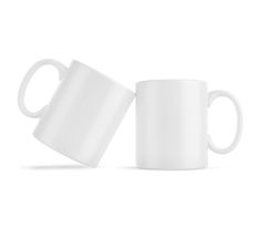 two white coffee mugs sitting next to each other on a white surface with one empty cup in the middle