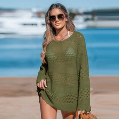 Wrap yourself in beachside bliss with our Seaside Whispers Crocheted Cover-Up. The delicate crochet detailing adds a touch of elegance and femininity to this cover-up. With its long sleeves, it's perfect for breezy days by the water, providing just the right amount of coverage while still allowing you to enjoy the beach or poolside atmosphere. The crochet design adds a beautiful texture and visual interest to the cover-up, creating a stylish and bohemian look. Whether you're lounging on the sand Delicate Crochet, Crochet Cover Up, Bohemian Look, Crochet Design, Womens Tie, Crochet Details, Cover Up Dress, Swimsuit Cover, The Sand