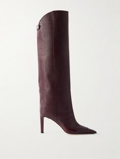 Jimmy Choo's 'Alizze' knee boots can be styled over jeans or with mini dresses, so you'll get plenty of wear out of them. Set on 85mm heels, they're made from lizard-effect leather and have pointy toes. Designer Brown Knee-high Boots, Brown Suede Knee-high Boots With Pointed Toe, Elegant Burgundy Knee-high Boots, Luxury Brown Pointed Toe Knee-high Boots, Elegant Red Knee-high Boots With Pointed Toe, Leather Knee Boots, Raffia Bag, Fine Jewelry Designers, Summer Hats