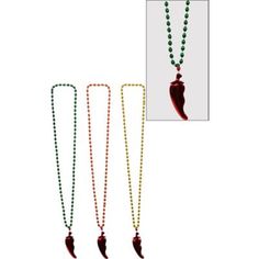 Turn the heat up on your party outfit with Chili Pepper Pendant Bead Necklaces! Each chili pepper necklace features four large metallic pendants strung together with shiny red green and yellow beads. They're long enough to slip over your head with no clasp. Chili Pepper Pendant Bead Necklaces product details:  3 per package 3 colors: red green and yellow 42in long  Intended for adult use only. Green Necklaces For Party And Festivals, Green Jewelry For Mardi Gras Party, Round Beads Jewelry For Mardi Gras Party, Colorful Beads Jewelry For Mardi Gras Party, Colorful Beaded Jewelry For Mardi Gras Party, Festival Party Necklaces With Beaded Chain, Green Beads For Party And Festivals, Green Beaded Necklaces For Party And Festivals, Festival Party Necklace With Beaded Chain