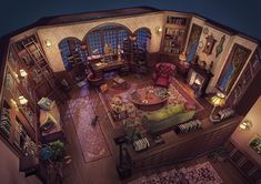 an aerial view of a living room with furniture and bookshelves