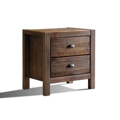 a wooden nightstand with two drawers on one side and an open drawer on the other