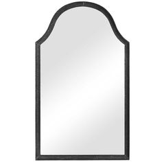 an arched mirror with black frame and metal trimmings on the bottom, against a white background