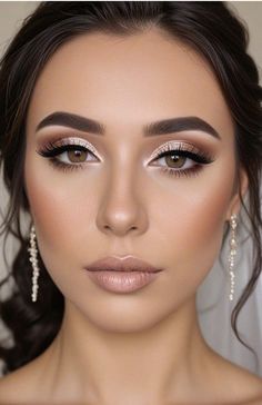 Wedding Bridal Makeup Hooded Eyes, Makeup To Go With Rose Gold Dress, Makeup With Blush Pink Dress, Bold Eye Wedding Makeup, Wedding Makeup For Burgundy Dress, Sparkle Bride Makeup, Wedding Cat Eye Makeup, Glam Makeup For Pink Dress