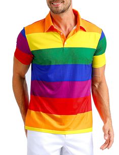 PRICES MAY VARY. Mens Striped Polo, made of soft and comfortable fabric, light and breathable. LGBTQ Shirts Men, multicolored stripes design, typical pride day parade shirt. LGBTQ Polo Men, regular fit, short sleeve, three-button in front, turn down collar. Mens Striped Shirt, can be wear with shorts, tight pants, casual pants or jean, or optional collocation to get your own style. Perfect gift for Pride Day, Whether for yourself or family or friends. Men's Striped Polo Golf Shirt Multicolor Collared T-shirt With Relaxed Fit, Multicolor Relaxed Fit Collared T-shirt, Multicolor Collared T-shirt For Summer, Collared Multicolor T-shirt For Summer, Multicolor Polo Collar Top For Summer, Pride Multicolor Short Sleeve Tops, Multicolor Short Sleeve Tops For Pride, Multicolor Summer Polo Shirt, Multicolor Cotton Shirt For Pride