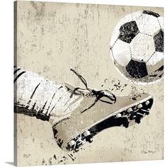 a soccer ball and glove are flying through the air with grungy paint on it