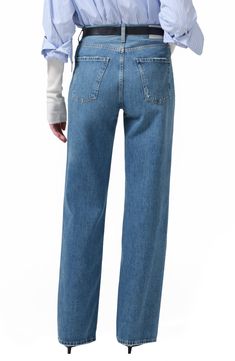 Nonstretch organic-cotton denim in the perfect wash elevates these vintage-inspired jeans designed with straight legs and an always-on-trend high waist. 32 1/2" inseam; 20 1/2" leg opening; 11 1/2" front rise; 14 1/2" back rise (size 29) Button fly Front scoop pockets; back patch pockets 100% organic cotton Machine wash, tumble dry Made in Turkey Fall Wide Leg Cropped Jeans In Recycled Denim, Fall Denim Blue Cropped Mom Jeans, Fall Cropped Mom Jeans In Denim Blue, Fall Wide Leg Flare Jeans In Recycled Denim, Denim Blue Mom Fit Jeans For Fall, Fall Denim Blue Mom Fit Jeans, Fall Mom Fit Denim Blue Jeans, Medium Wash Straight Leg Mom Fit Pants, Denim Blue Mom Fit Wide Leg Jeans