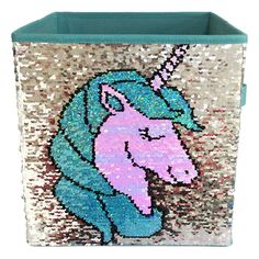 a sequinized box with a pink and blue unicorn on it