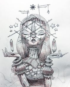 a drawing of a woman's face with arrows and stars above her head, surrounded by other objects