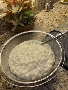 a bowl of oatmeal sitting on top of a counter