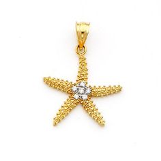 "14k solid gold Two-tone Beaded Starfish Pendant set with .06 carats of Diamonds. Measures 1\" x 3/4\". Made to order. Free shipping." 14k Gold Starfish-shaped Jewelry, 14k Gold Jewelry With Starfish Charm, 14k Yellow Gold Starfish Jewelry, Gold Jewelry With Starfish Charm In 14k Gold, Gold Starfish Charm Jewelry In 14k Gold, Gold Starfish Charm Jewelry, Beaded Starfish, Gold Flower Ring, Kids Rings