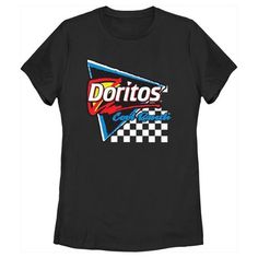 Whether you're a Cool Ranch or a Nacho Cheese person, everyone can agree on one thing, Doritos are always a crowd-pleaser! Get ready to show your love for your favorite chips with these spicy new officially licensed designs from Doritos! This Women's Doritos Cool Ranch Retro Logo Graphic T-Shirt features the retro Doritos Cool Ranch triangle logo you know and remember across the front. Grab some Doritos styles today for a delicious new look! Black Pop Culture T-shirt With Slogan, Black Pop Culture Slogan T-shirt, Black Tops With Funny Text For Fan Merchandise, Black Tops With Funny Text For Fans, Black Slogan Tops For Fan Merchandise, Black Pop Culture Top With Text Print, Black Pop Culture Text Print Top, Black Text Print Pop Culture Top, Retro Black Top With Funny Text