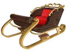 a red chair sitting on top of a wooden sleigh with gold trimmings