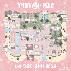 a pink poster with the words mango isle on it