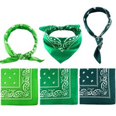 four bandannas in different colors and patterns, including green with white paisley designs