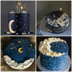 four different cakes decorated with stars and moon designs