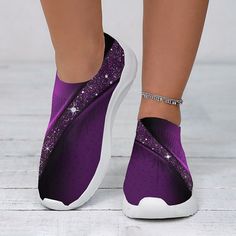 Category:Slip-Ons,Sneakers; Upper Materials:Tissage Volant; Embellishment:Rhinestone,Sparkling Glitter; Heel Type:Flat Heel; Gender:Women's; Style:Sporty,Casual,Fashion; Heel Height(inch):1-2; Outsole Materials:EVA; Occasion:Party,Daily,Outdoor; Pattern:3D; Listing Date:12/01/2023; 2024 Trends:Glitter Crystal Sequined Jeweled,Plus Size,Flyknit Shoes,Print Shoes Purple Round Toe Party Sneakers, Flyknit Shoes, Shoes Print, Shoes Glitter, Plus Size Party, Glitter Flats, Party Outdoor, Sporty Casual, Print Shoes