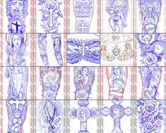 an image of different designs on paper with blue and red ink in the middle, along with other drawings