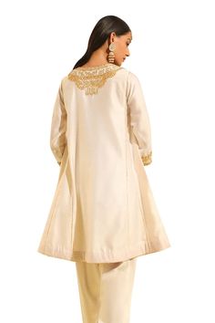 Ivory chauga kurta with floral, paisley embroidery using gota patti, dabka, zardozi work. Paired with a salwar. - Aza Fashions Elegant Off White Raw Silk Sets, Elegant Cream Raw Silk Traditional Wear, Elegant Beige Dupatta With Naqshi Detail, Elegant Beige Salwar Kameez For Formal Occasions, Elegant Beige Salwar Kameez For Reception, Elegant Beige Dupatta With Naqshi, Elegant Designer Wear Traditional Off White, Elegant Off White Salwar Kameez With Dabka Detailing, Elegant Cream Kurta With Dabka Detailing