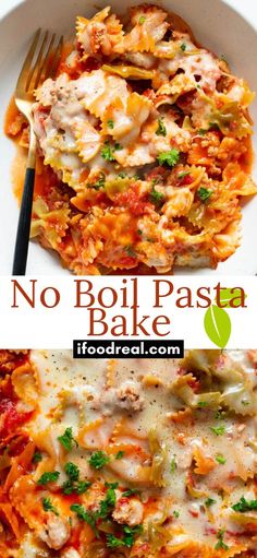 no boil pasta bake in a white bowl with a fork on the side and an image of chicken parmesan casserole