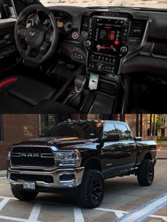 the interior and dashboard of a black ram truck