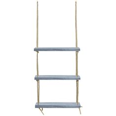 a blue shelf with three shelves and two ropes hanging from the top, against a white background