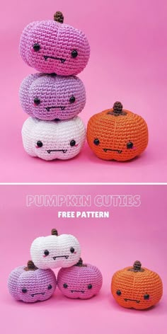 crocheted pumpkins are stacked on top of each other in different colors and sizes