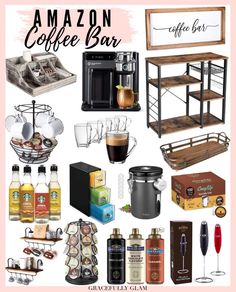 an image of coffee bar items displayed on a pink and white background with the words amazon coffee bar