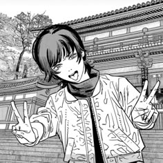 an anime character giving the peace sign in front of a building with two fingers up