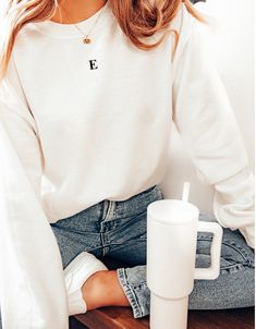 ❀ All letters available. Light blue shirt → white embroidery Black shirt →white embroidery  White shirt → black embroidery  This elegant minimalistic embroidered crewneck sweatshirt is the perfect bridesmaid gift, Christmas gift or birthday gift for your best friend, girlfriend or boyfriend, daughter or mom for mothers day! ❀ High-quality embroidered design on a long sleeve crewneck sweatshirt. ❀ Unisex sizing - see size guide for measurements. Have any questions? Feel free to message us!   *Dis Affordable Black T-shirt With Letter Embroidery, Embroidery Initials Letters On Clothes, White Sweatshirt With Letter Embroidery, White Sweatshirt With Letter Embroidery For Everyday, White Everyday Sweatshirt With Letter Embroidery, White Monogram Crew Neck Top, Everyday White Tops With Letter Embroidery, White Monogram Cotton Sweatshirt, Matching Sweatshirts For Best Friends