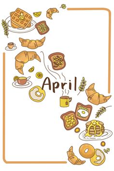 an image of the word appril written in different languages and with food items around it