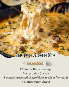 Creamy Sausage Cheese Dip is perfect for parties! Ingredients:\nItalian Sausage \nShredded Cheddar Cheese\nCream Cheese\nMozzarella Cheese\nHeavy Cream\nSpice\nInstructions:\n1. Brown Italian Sausage in a large skillet.\n2. Drain any excess grease.\n3. Stir in shredded cheddar, cream cheese, and mozzarella cheese until melted.\n4. Slowly whisk in heavy cream until smooth.\n5. Add a pinch of your favorite spice.\n6. Serve warm with tortilla chips or crostini.\n#Appetizers #PartyFood #CheeseDip Beef Enchilada Dip, Sausage Cheese Dip, Dip Party, Velveeta Recipes, Cheese Block, Cream Cheese Recipes Dip, Delicious Dips Recipes, Cream Cheese Dips, Appetizers Easy Finger Food