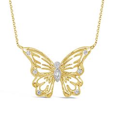 Diamond Accented Butterfly Necklace. Crafted in 14kt two-tone gold, this necklace features a delicate butterfly pendant with diamond accents for a whimsical and feminine look. Butterfly-shaped Yellow Gold Jewelry With Diamond Accents, Yellow Gold Butterfly Necklace For Anniversary, Luxury Diamond Butterfly Necklaces, Formal Fine Jewelry Butterfly Pendant Necklace, Formal Butterfly Pendant Necklace In Fine Jewelry Style, Yellow Gold Diamond Butterfly Necklace, Diamond Butterfly Necklace In Yellow Gold, Fine Jewelry Diamond Butterfly Necklace In Yellow Gold, Yellow Gold Diamond Necklace With Butterfly Charm